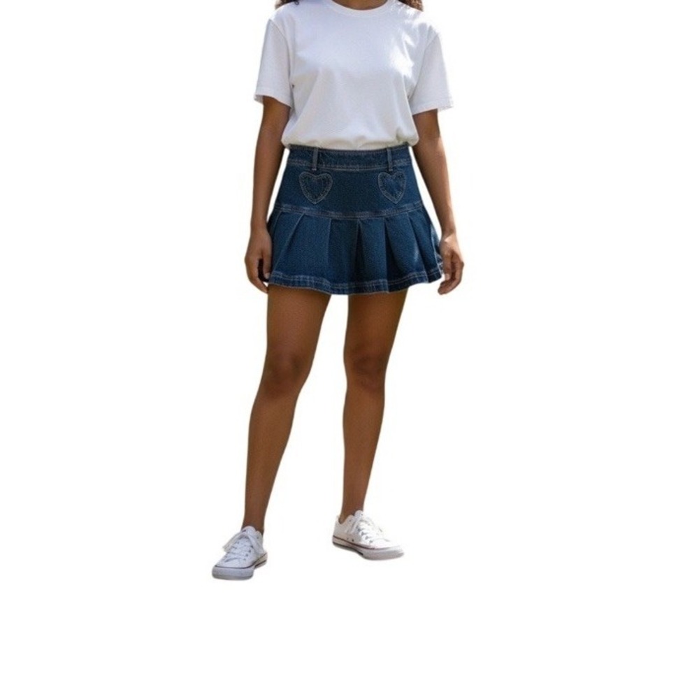 Sweet Society Women Blue Heart Patch Pleated Denim Mini Skirt Sz S NWT VALENTINE